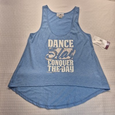 Womens Blue Motionwear Tank Top Small New ''Dance Slay Conquer The Day'' Graphic 