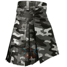 Men  s Black  White Camo Leather Utility Kilt   Gothic Tactical Utility Kilt