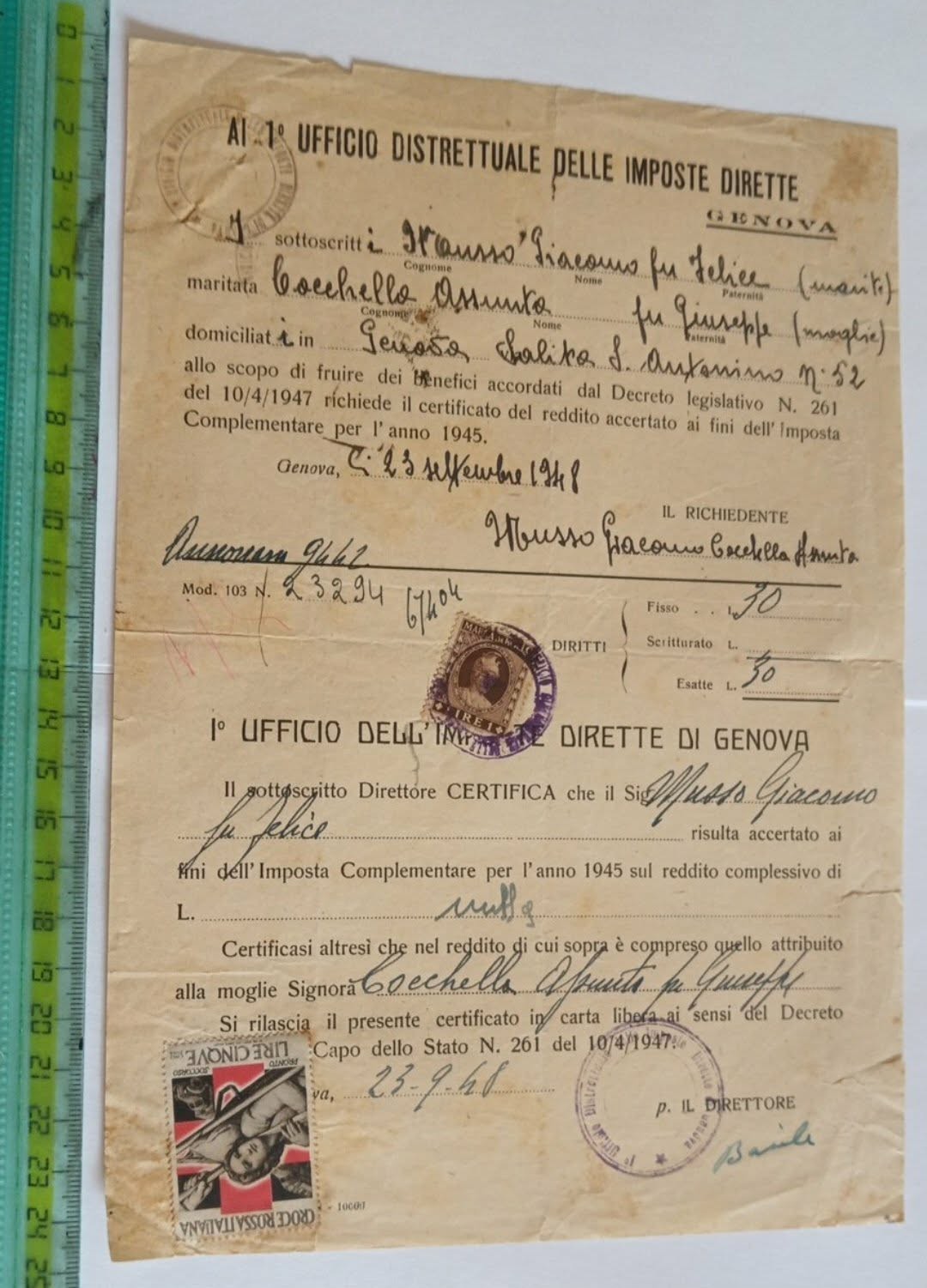 GENOVA 1948 " 1 ° UFFICIO DISTRETTUALE DELLE IMPOSTE DIRETTE " CERTIFICAZIONE