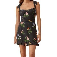 Reformation Christine Ruffle Black Floral Mini Dress Size 12 Ruffled Tie Straps