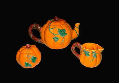  Applause 5 Pc Ceramic Pumpkin Teapot Creamer Sugar Set Fall Harvest Décor   