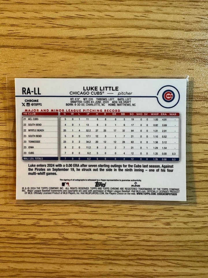2024 Topps Chrome Rookie Auto #RA-LL Luke Little RC AUTO Chicago Cubs - Image 4 of 4