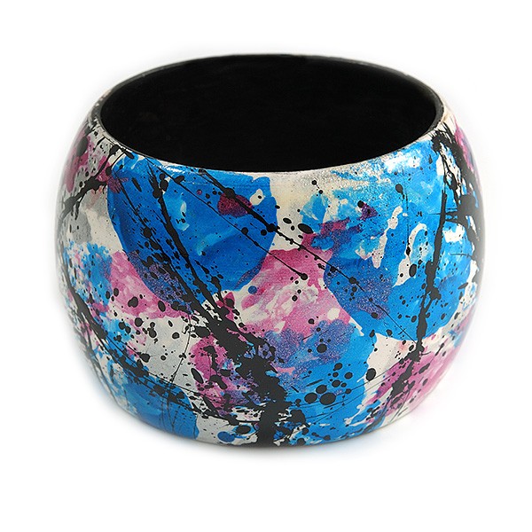 Wide Chunky Wooden Bangle Bracelet in Abstract Paint in Multi - Medium Size