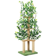 60in Tall Cat Tower with Leaves, Cat Tree w/Scratching Post for Climbing, Hiding