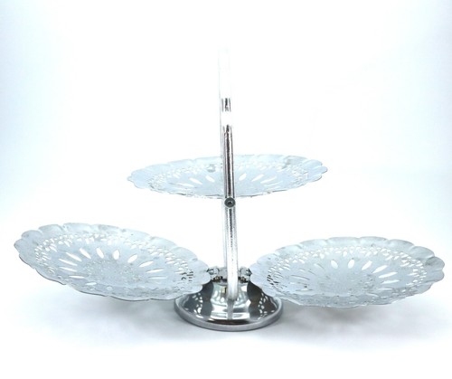Aluminum FOLDING SERVING TRAY 3 Part Tidbit Server Pierced Vintage - Picture 2 of 10