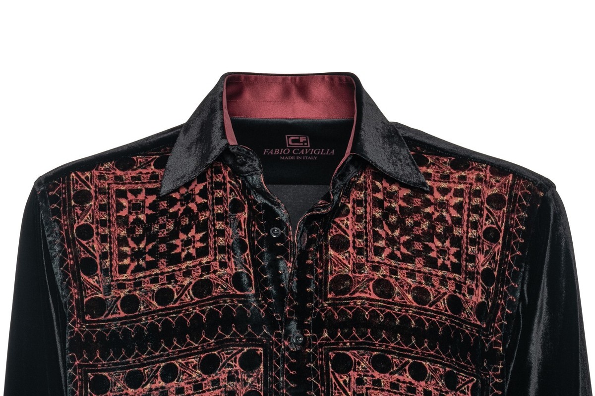 Chemise Fabio Caviglia M - Rouge/Noir Velours Soie - Neuf Sans étiquette