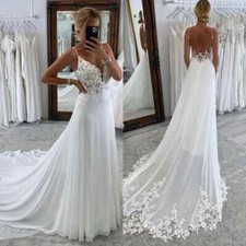 Boho Elegant Wedding Dress Chiffon A-Line V-Neck Appliques Backless Bridal Gown