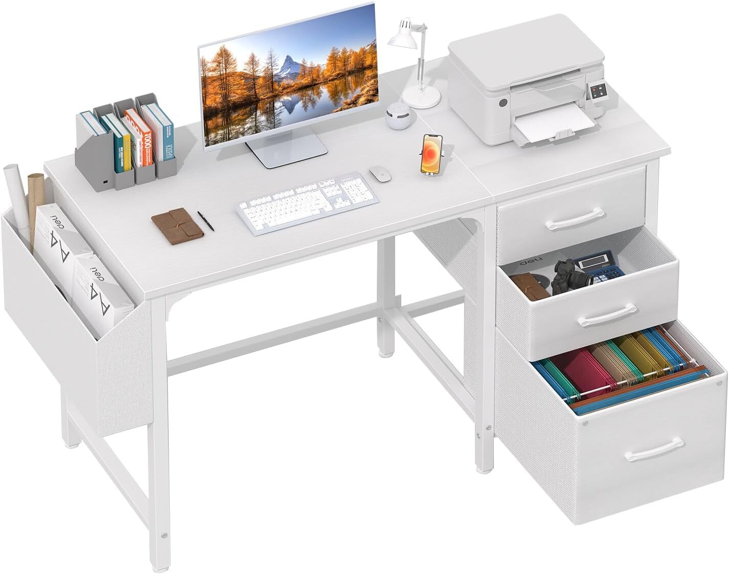 White Computer Desk with Fabric File Drawers Cabinet, 47 Inch Reversible Home Of-image
