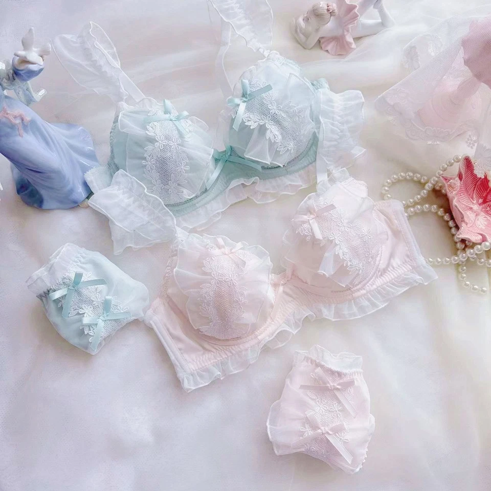 32 34 36 38 40 B C D E 3/4 Thin Cup Pink Bra Set Ruffle Panties Green Underwear - Image 4 of 4