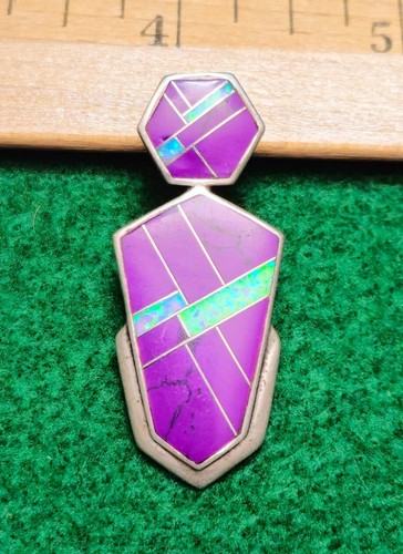 FLASHY Turquoise & Opal Navajo Flush Inlay Sterling Silver 925 Pendant - Picture 8 of 19
