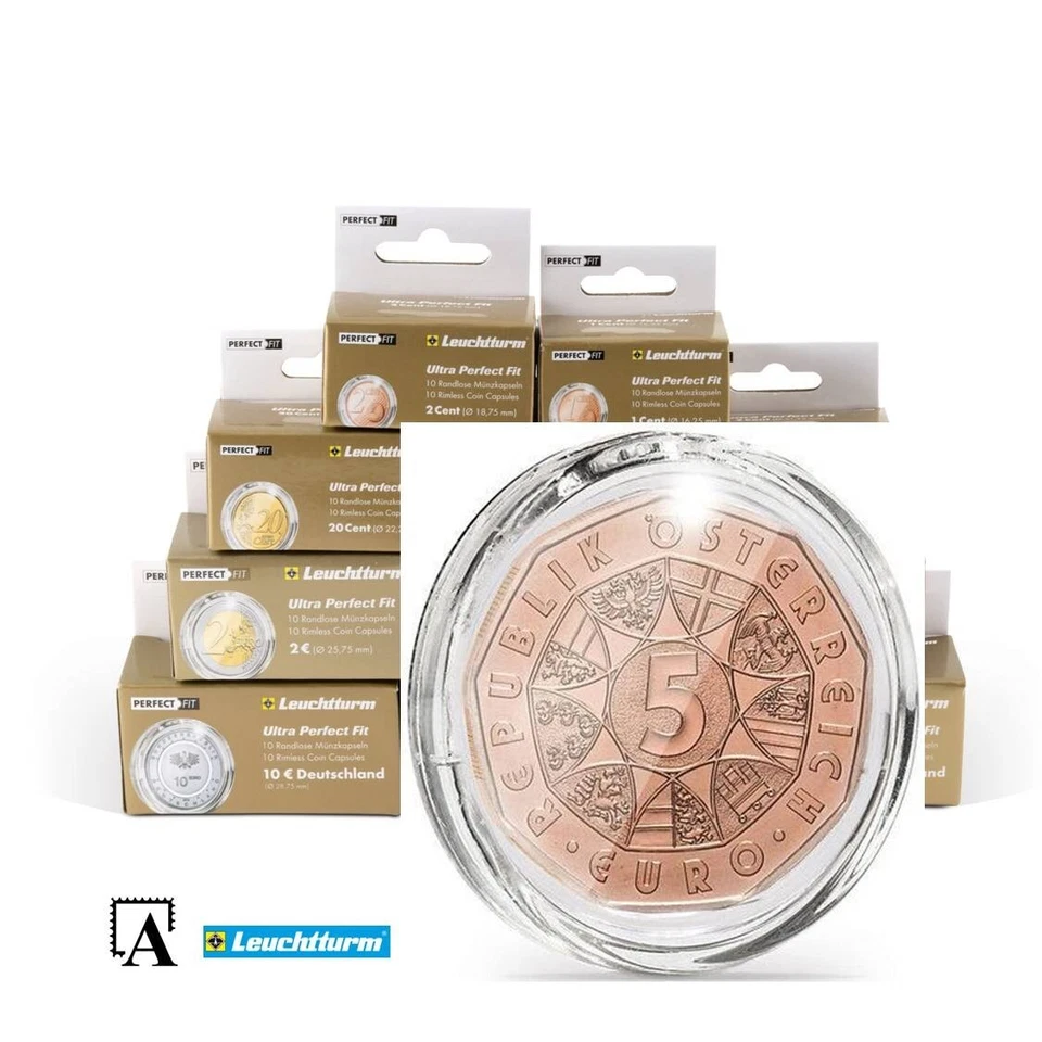 Leuchtturm 10er-Pack Münzkapsel RANDLOS Ultra Perfect fit Österreichische 5 Euro