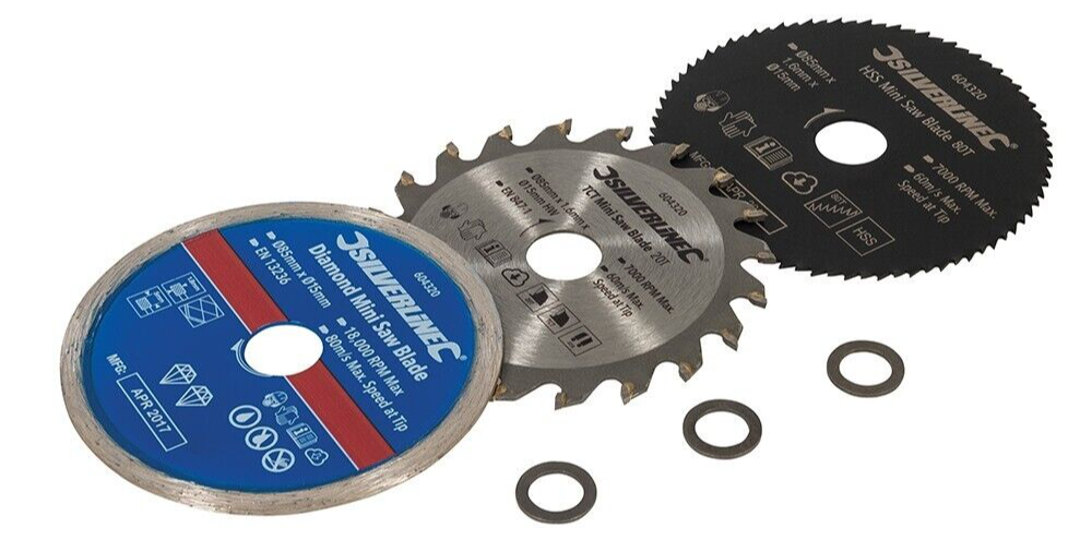 Mini Sägeblatt Set 3tlg Diamanttrennscheibe Kreissägeblatt 85mm HM HSS Sägeblatt