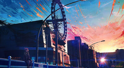 Anime sunset cityscape city sky girls clouds CCG Gaming Mat Desk