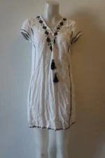 WOMENS SAKS FIFTH AVENUE WHITE NAVY TASSELED LINEN BOHO DRESS XS *
