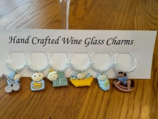 "BABY BOY SHOWER '' SET OF 6  HAND CRAFTED  WINE GLASS CHARMS