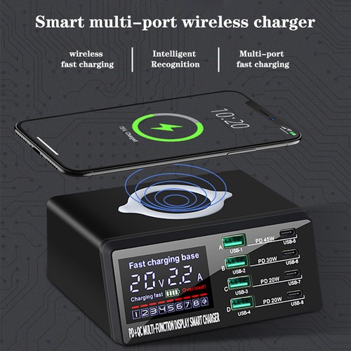 110W 8 Port Multi USB PD 45W QC3.0 Fast Charger Adapter Wireless Charger Station - Picture 6 of 11