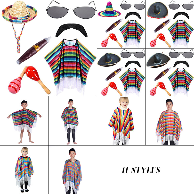 Conjunto de Disfraz de Fiesta Mexicana para Niños Adultos Capa Colorida Sombrero Escenario Actuación Juegos con disfraces