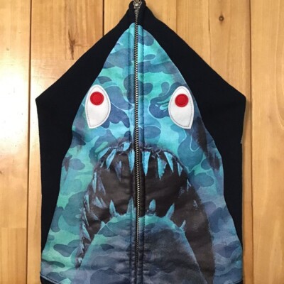 BAPE jaws shark full zip hoodie Navy A Bathing Ape Size S | eBay