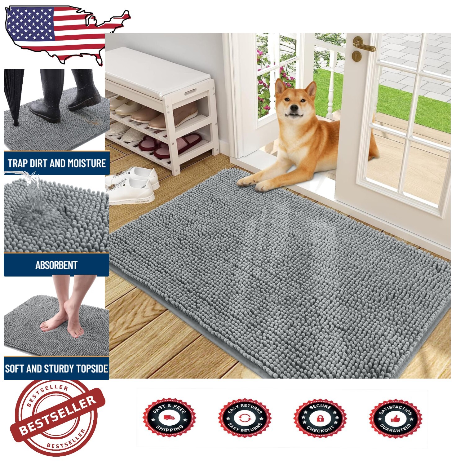 48x30 Indoor Outdoor Chenille Dog Door Mat - Machine Washable & Absorbent