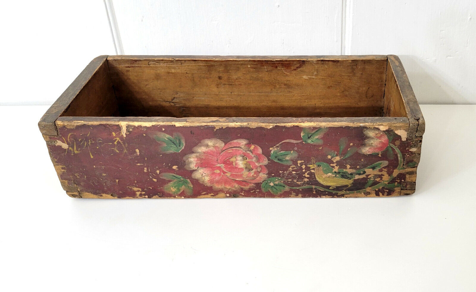 Primitive Hand Painted Folk Art Rectangular Wood Planter Box