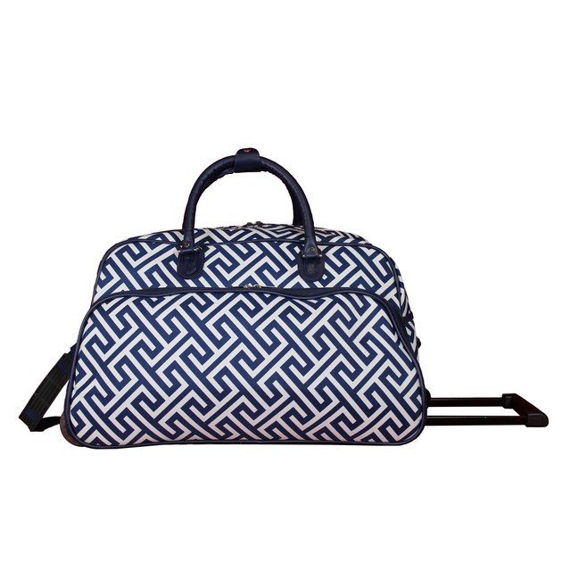 World Traveler 21 Inch Carry On Rolling Duffle Bag Greek Key H Navy White