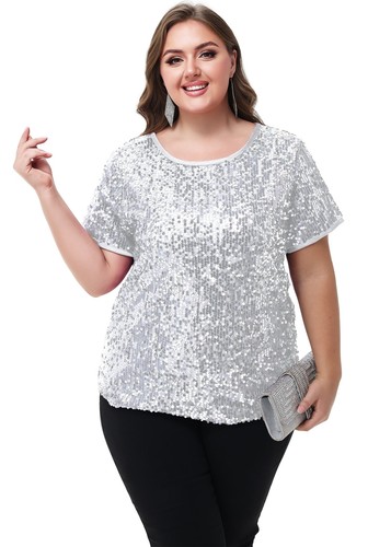 Women's Sequin Tops Plus Size Round Neck Sparkle Glitter Short Sleeve Blouse - Picture 23 of 32