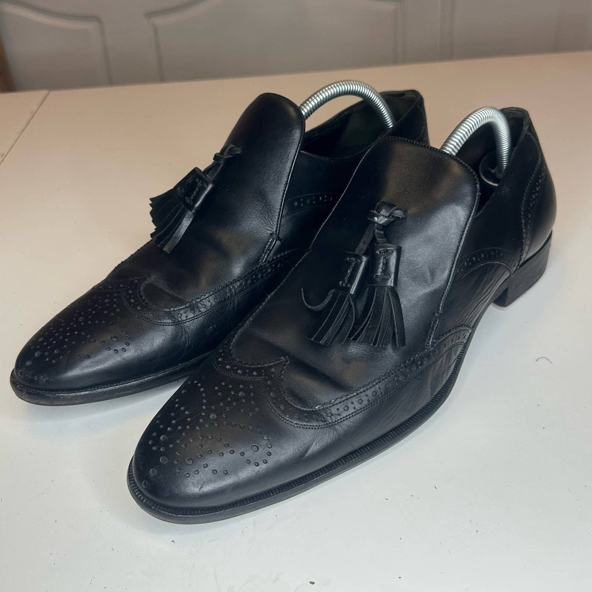 Vintage BALLY black leather brogue tassel loafers men display picture 2