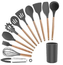 12 Silicone Utensils Set Wooden Handle Cooking Kitchen Tools Baking Cookware