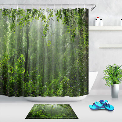 Summer Forest Waterfall Shower Curtain Set Waterproof Fabric Bathroom w/12 Hooks