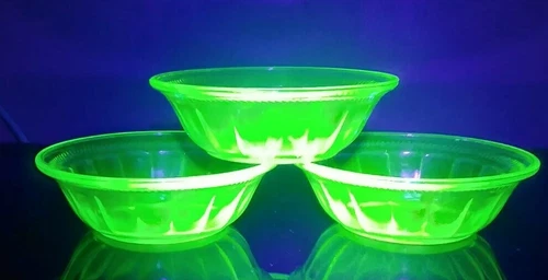 3 Vintage FEDERAL Green Vaseline Depression Glass Colonial Fluted Berry Bowls