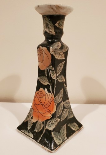 9" BEAUTIFUL CERAMIC PILLAR CANDLE HOLDER ASIAN BLACK WITH PINK ROSES - Picture 2 of 9
