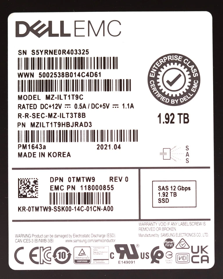 Dell MZ-ILT1T9C 1.92TB 2.5" 12Gb/s SAS SSD W/Caddy Dell P/N: 0TMTW9 Tested - Image 2 of 2