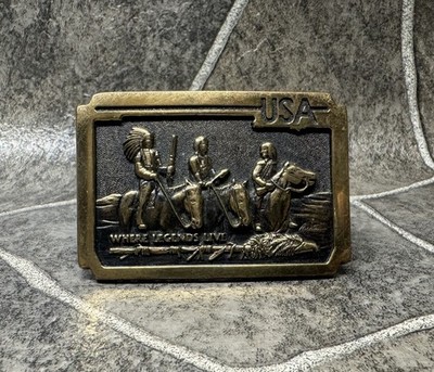 VTG Solid Brass Native American Indian 80s BTS Belt Buckle  Where Legends Live 