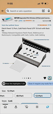 iwillink 12-Port Cat6 UTP Keystone Patch Panel 1U 10in RJ45 w/ Back Bar