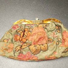 Beaded Floral Frame Handbag Green Brown Orange Metal Chain Vintage Style