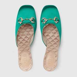 Chaussures mules talons Gucci Crystal Horsebit vert satin IT 38 US 8 NEUVES