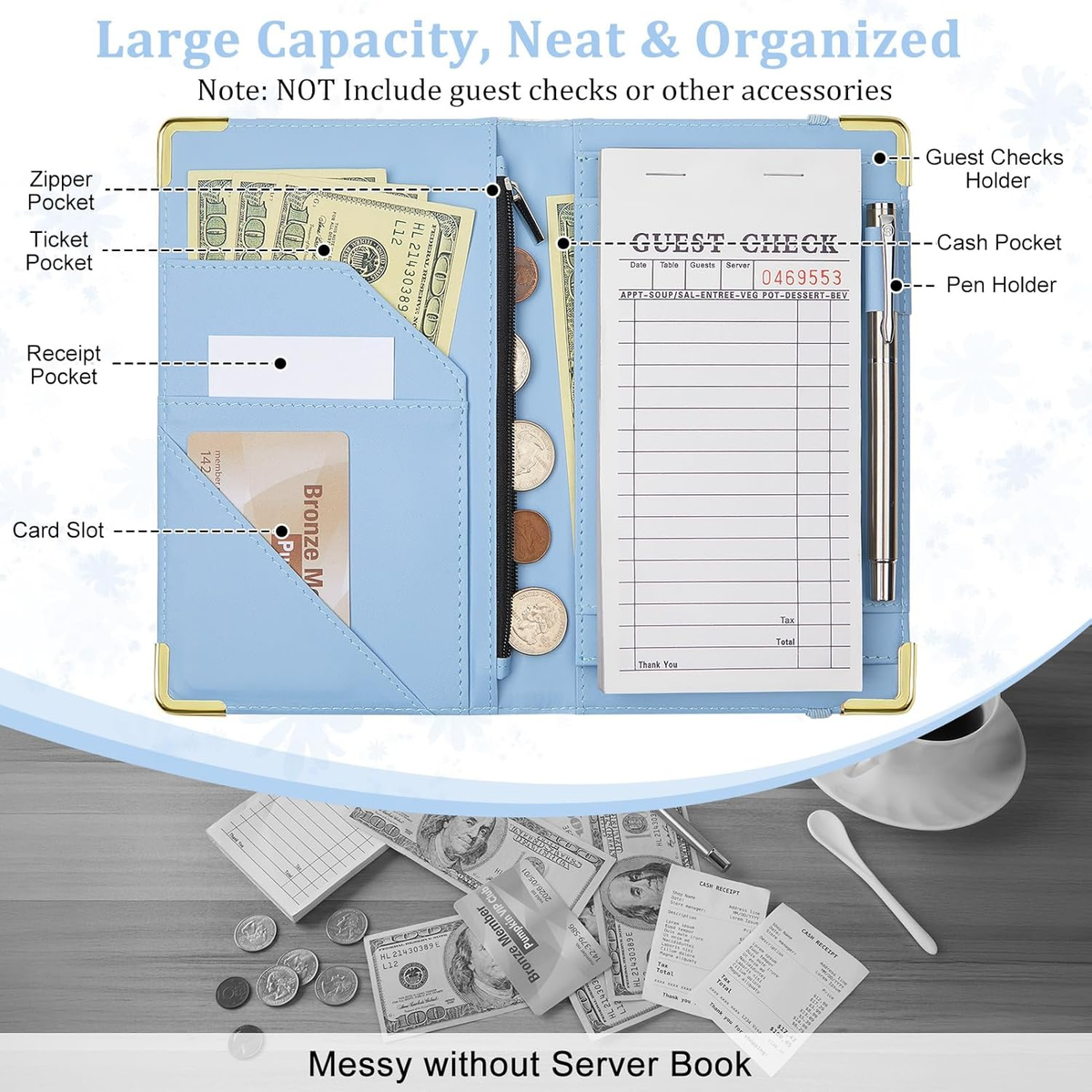 Leather Waiter Book Server Wallet – Zipper Pocket, Check Holder, Money Organizer - View #6