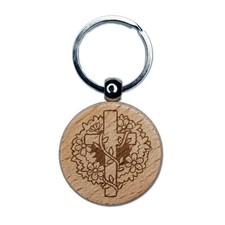 Easter Floral Cross with Flowers and Vines Engraved Wood Round Keychain Tag