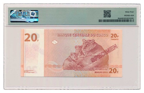 CONGO banknote 20 Francs 1997 Specimen PMG MS 64 Choice Uncirculated - Picture 2 of 7