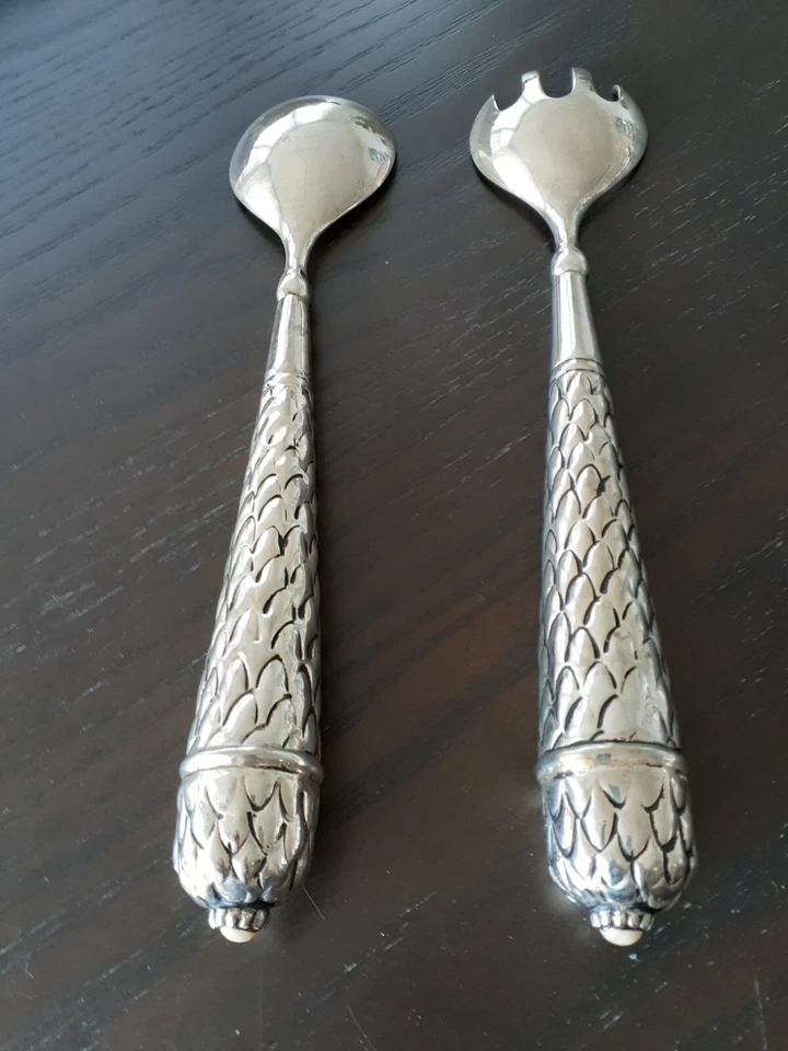 Salad Serving Set Spoon & Fork Vintage Look Silverplated Polished Cast Aluminum - Image 4 of 4