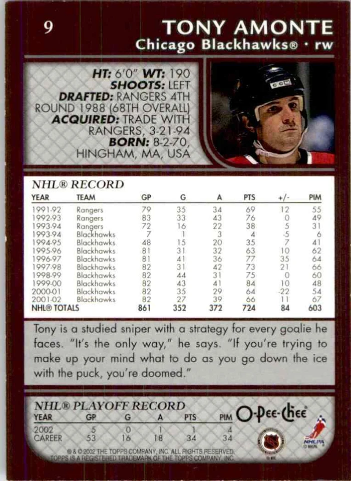 2002-03 O-Pee-Chee Tony Amonte #9 - Image 2 of 2