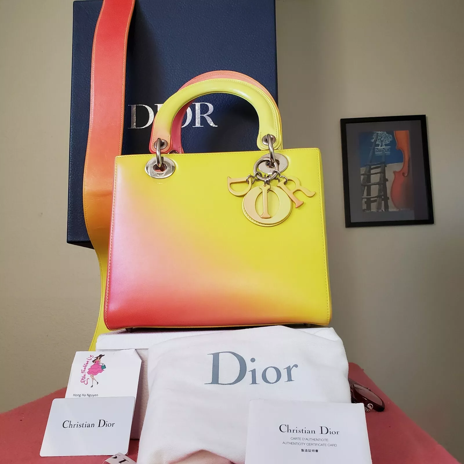 Sac fourre tout Lady Dior Cruise jaune orange dégradé cuir de veau