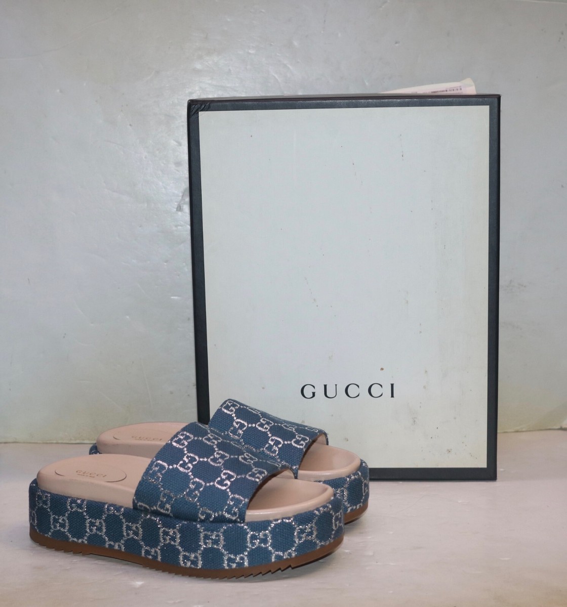 Gucci Women's GG Lame Platform Sandals Blue Size 39 | eBay