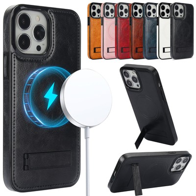 For iPhone 15 Pro Max 14 13 12 11 XS XR Magnetic Leather Mag-Safe Stand Case 