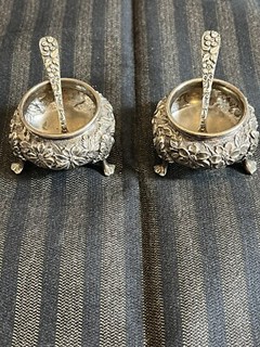 Galt & Bro. American Sterling Silver Repousse Salt Pepper Cellars Pots W/ Spoons
