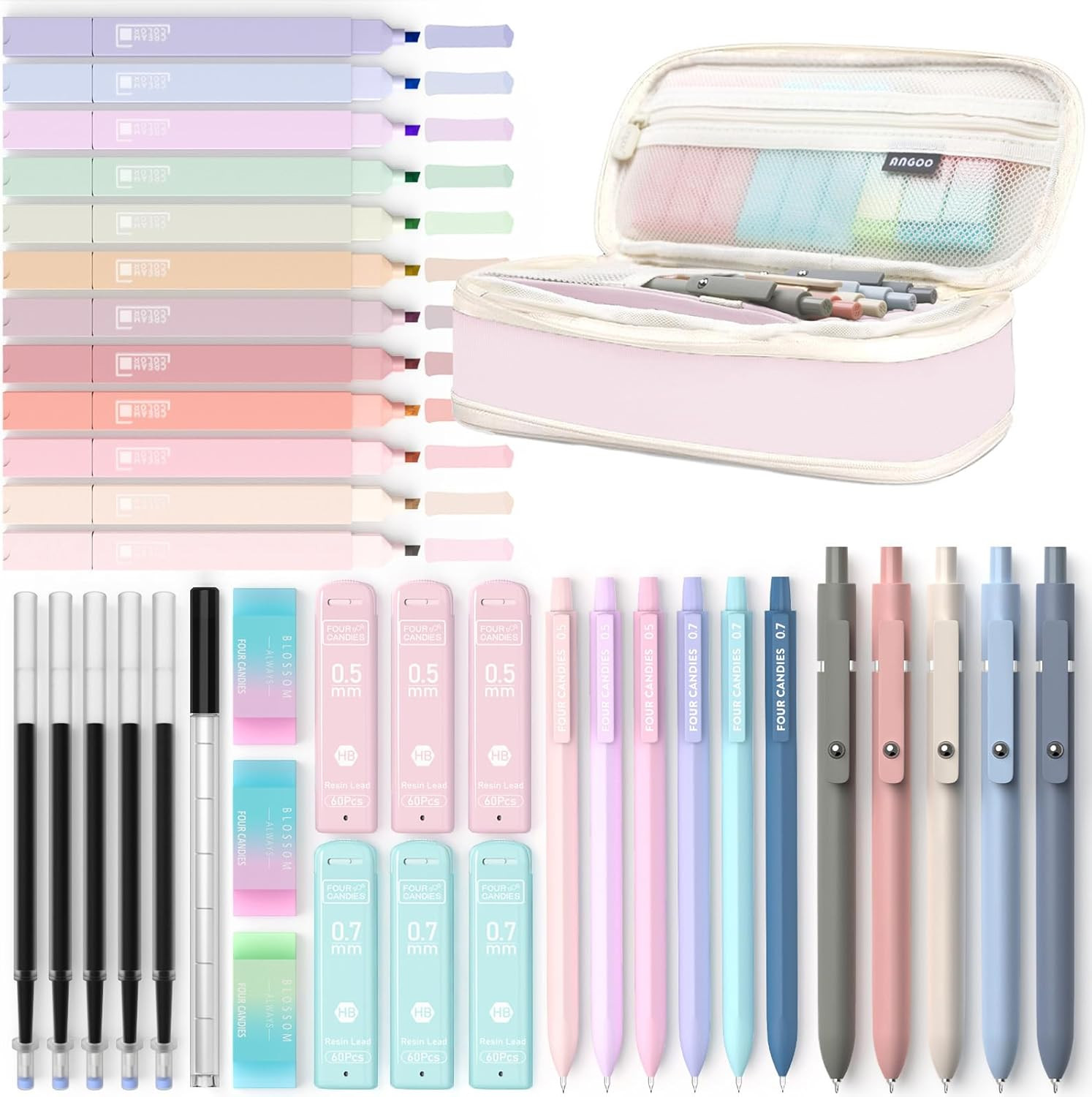 39 PCS Aesthetic School Supplies with Cute Pen Case, 12 Pastel Highlighters, 5 B