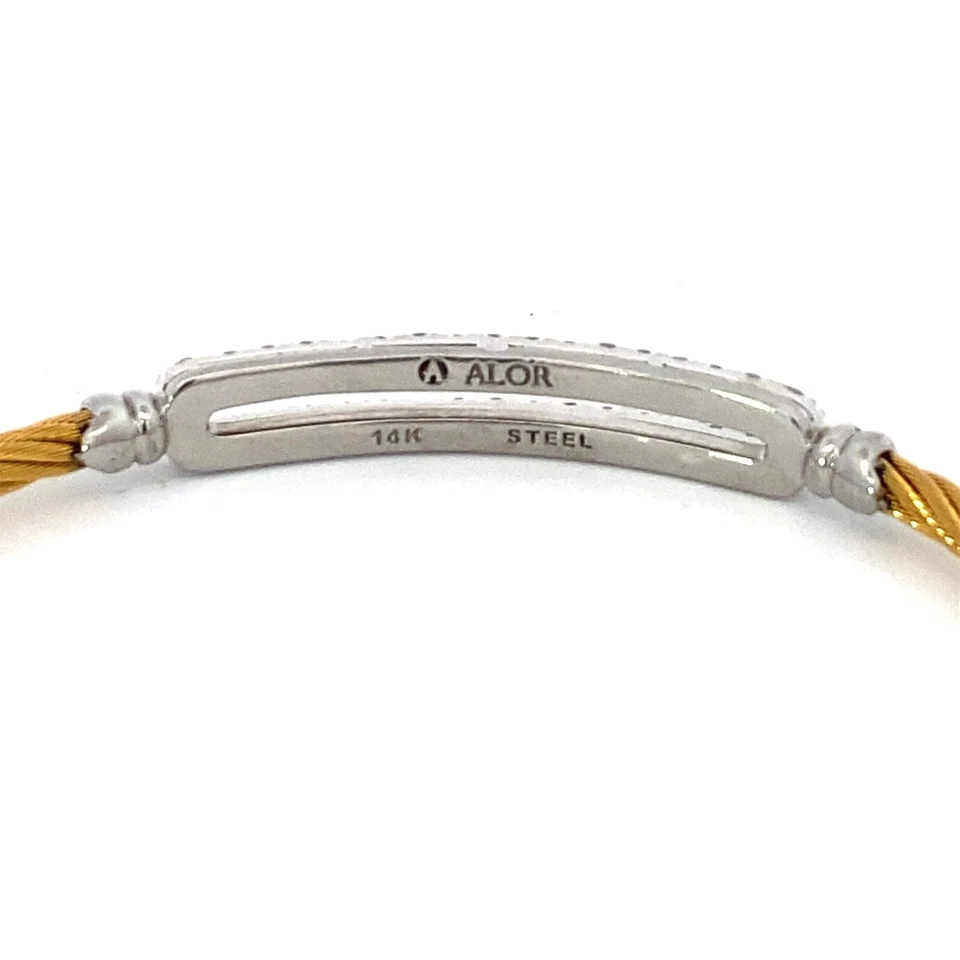 ALOR Classique 14K Gold White Topaz Yellow Steel Cable Bangle Bracelet - Image 2 of 4