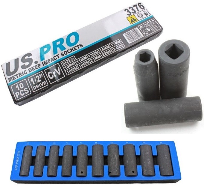 10pc 1/2"" DRIVE DEEP IMPACT SOCKET SET by US PRO TOOLS 10mm to 24mm single hex