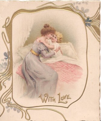 Mother tucks child into bed, Tuck Christmas card circa 1908