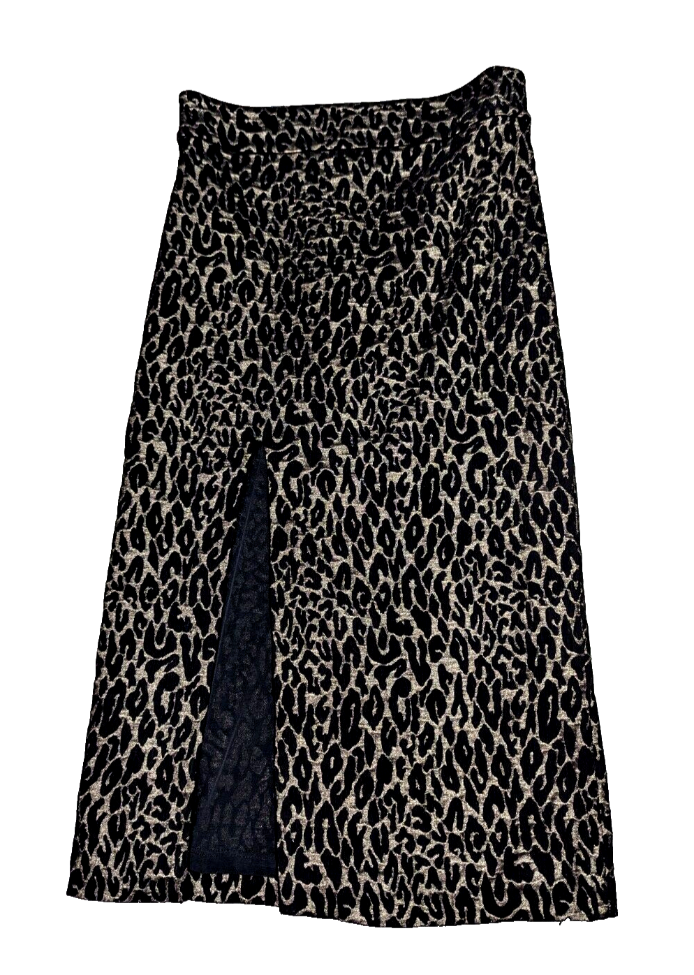 Alice+Olivia Midi Skirt Metallic Leopard Print Front & Back Slit Stretch size 4